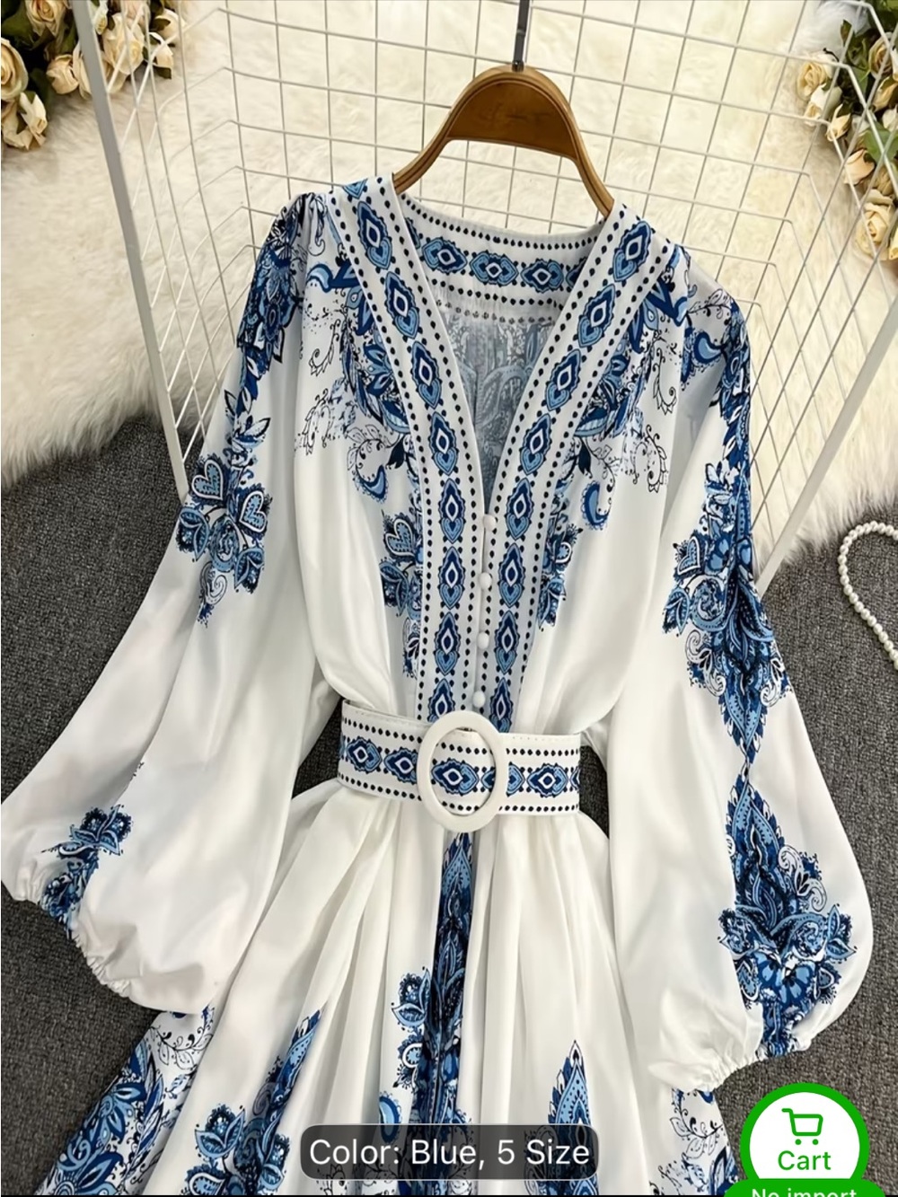 White & Blue Print Mini Dress - V-Neck Boho Tunic - Picture 12 of 12